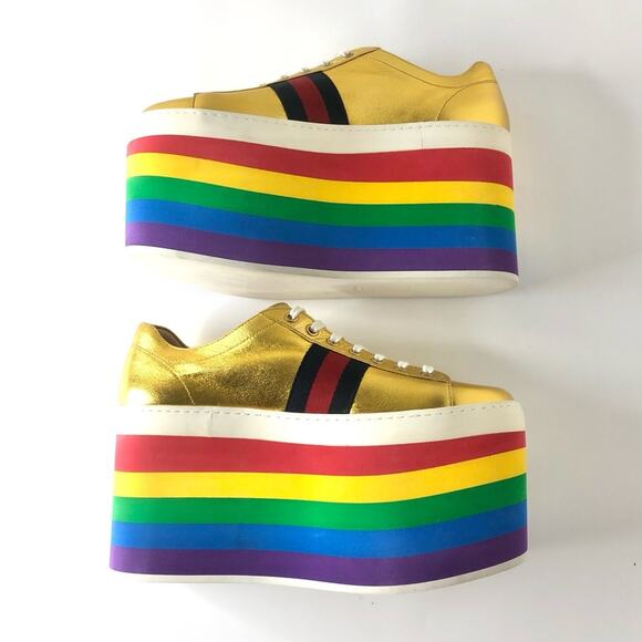 Gucci Peggy Rainbow Stripe Metallic Gold Platform Sneakers 39 - Picture 9 of 12